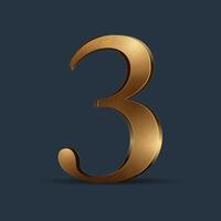 Golden digit 3. Stylish metallic number with smooth reflections. Decorative 3D symbol for branding, celebration, award, VIP or winner concept. vector
