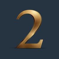 3D golden number two. Glossy metallic digt. Premium ancient typography for anniversary, award, or VIP concept. Design element graphic for any layout or advertisign. vector