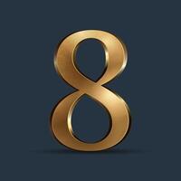 3D golden number eight. Glossy metallic digit with reflections. Premium ancient typography for anniversary, award, or VIP concept. Design graphic for any layout or advertising. vector