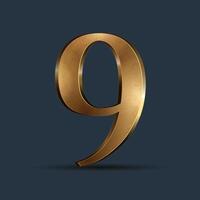Golden digit 9. Stylish metallic number with smooth reflections. Decorative 3D symbol for branding, celebration, award, VIP or winner concept. vector