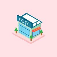 Supermarket building isometric icon. Illustration of a bright modern shop with large windows, sloping roof and orange red striped canopy. Suitable for business, retail and building vector