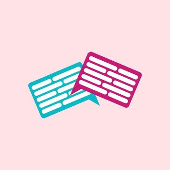 Illustration of two blue and pink speech balloons with white text lines, suitable for communication, chatting, messaging, dialogue, interaction themes in social media design vector