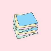 Illustration of a stack of pastel blue, yellow, pink and green colored paper on a light pink background. Suitable for educational, administrative, note or digital stationery design vector