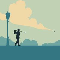 Golfer swinging against a scenic background vector