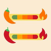 Illustration of a spicy food heat meter. Features orange and red chili peppers with a rating scale from mild green to extra hot red, complete with flame icons for menu or graphic design vector
