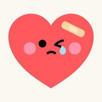 A cute kawaii character of a crying red heart with a bandage. This emoji style icon represents sadness, hurt feelings, emotional pain, heartbreak, and feeling unwell vector