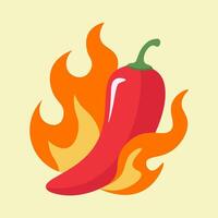 Illustration of a red hot chili pepper surrounded by flames. Concept of spicy food, heat, and flavor. Flat design graphic isolated on a light background for culinary concepts vector