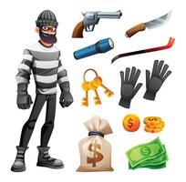 Cartoon burglar with money and tools vector