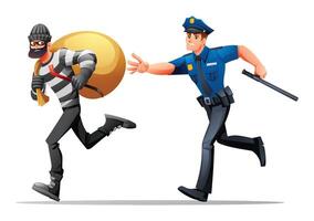 Police officer reaching out to catch a running robber with a bag of stolen goods. Cartoon illustration vector