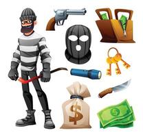 Robber with money and burglary tools vector