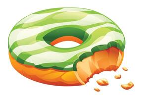 Matcha donut with white striped icing, with a bite taken out and crumbs falling. Cartoon illustration vector
