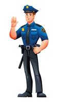 Police officer standing and waving, displaying a friendly and approachable demeanor. Cartoon character illustration vector