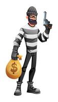 Robber in mask and striped clothes holding a gun and a bag of money. Cartoon character illustration vector