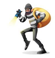Robber in mask and striped clothes walks carefully while carrying a flashlight and a large sack. Cartoon character illustration vector