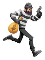 Robber in mask and striped clothes running with a gun and a bag of money. Cartoon character illustration vector