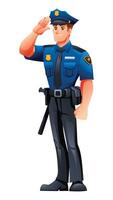 Police officer standing and saluting, showing respect and professionalism in his duties. Cartoon character illustration vector