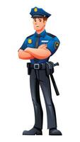 Police officer in uniform with folded arms standing confidently. Cartoon character illustration vector
