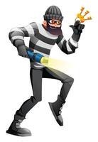 Thief in mask and striped clothes with flashlight and keys, concept of crime and breaking the law. Cartoon character illustration vector