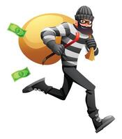 Robber in mask and striped clothes running with a crowbar, sack, and money flying out. Cartoon character illustration vector