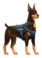 Doberman police dog wearing a police vest with a badge, an alert and agile K9 unit. Cartoon illustration vector