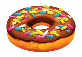 Festive chocolate frosted donut adorned with colorful sprinkles, a cheerful and delicious dessert. Cartoon illustration vector