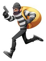 Robber in mask and striped clothes running with a gun and a large sack. Cartoon character illustration vector