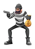 Robber in mask and striped clothes holding a gun and a money bag. Cartoon character illustration vector