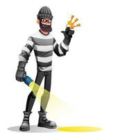 Thief in mask and striped clothes holding a flashlight and keys, concept of crime and breaking the law. Cartoon character illustration vector