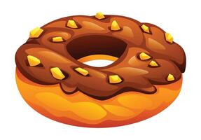 Delightful chocolate frosted donut with golden caramel chunks, perfect for sweet cravings and dessert themes. Cartoon illustration vector