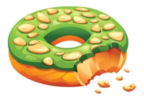 Delicious donut with matcha icing and crunchy almond toppings, with a bite taken out, crumbs falling. Cartoon illustration vector