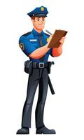 Police officer writing on a clipboard, documenting information or issuing a citation. Cartoon character illustration vector