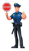 Police officer holding a stop sign and showing a stop gesture. Cartoon character illustration vector