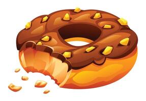 Delicious chocolate frosted donut with golden caramel chunks and missing bite, revealing its tasty inside. Cartoon illustration vector