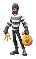 Thief in mask and striped clothes holding keys and a bag of money. Cartoon character illustration vector