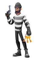 Robber in mask and striped clothes holding a gun and keys. Cartoon illustration vector