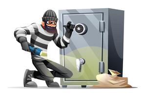 Thief in mask and striped clothes trying to open a safe with a flashlight. Cartoon illustration vector