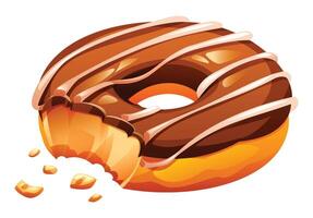 Tempting chocolate frosted donut with white icing stripes and missing bite, showing its delicious soft interior. Cartoon illustration vector