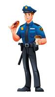 Police officer enjoying donut and coffee with happy expression. Cartoon character illustration vector