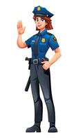 Female police officer standing and waving, displaying a friendly and approachable demeanor. Cartoon character illustration vector