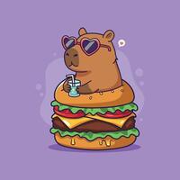 Cute Capybara Enjoying a Burger and Drink and sunglasses. illustration. vector