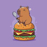 Cute cartoon capybara enjoying a big hamburger. illustration. vector
