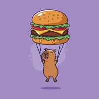 Cute Capybara Parachuting with a Giant Burger illustration. vector