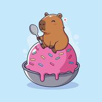Cute capybara eating ice cream in a bowl. illustration. vector