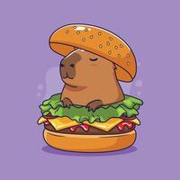 Cute capybara on a hamburger. illustration in cartoon style on purple background. vector