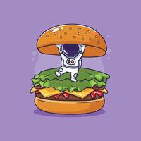 Hamburger with astronaut. illustration in cartoon style isolated on purple background. vector