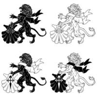 heraldic feline of European royalty, Rampant lion with ribbon and seashell vector