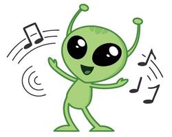 Cheerful green alien dancing and enjoying music with animated musical notes on a white background vector