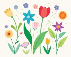 Colorful garden flowers with various shapes and colors arranged on a light cream background vector
