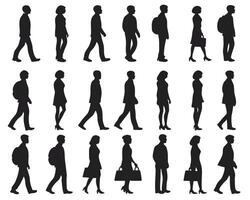 Silhouetted people walking in various styles showing diverse figures and carrying accessories. vector