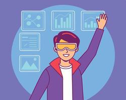 Futuristic man interacting with digital interface using augmented reality glasses for data analysis vector